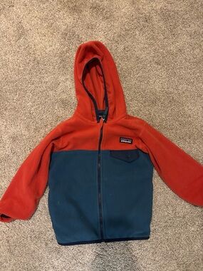 Patagonia Kids Two-Tone Hooded Fleece Jacket - Red & Teal Blue